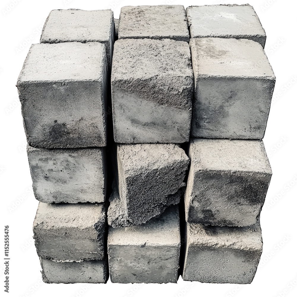 Poster a group of twelve concrete blocks. arranged in a three by four grid. are stacked upon one another so