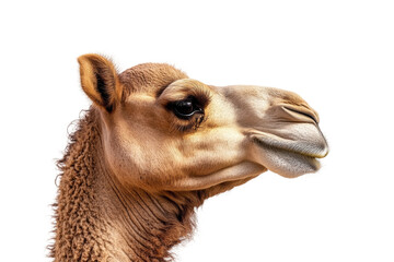 Obraz premium Camel head closeup with detailed fur, expressive eyes, and neutral pose, desert animal portrait, wild and natural creature isolated on transparent background