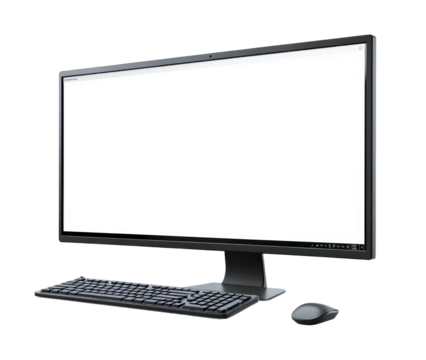 Modern display monitor with blank white screen, sleek black keyboard, and mouse setup, computer technology workspace concept isolated on transparent background