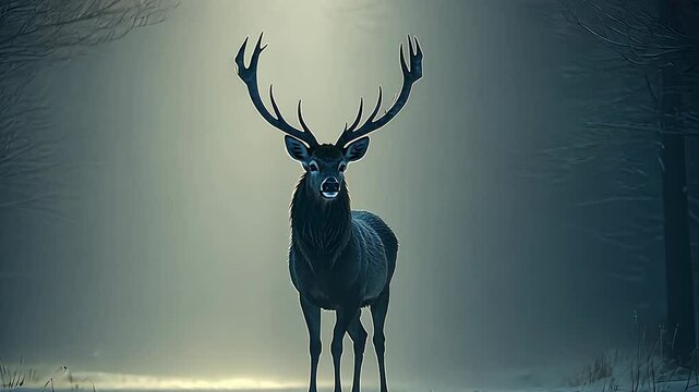 A majestic deer stands in a snowy forest, its antlers silhouetted against the moonlight.