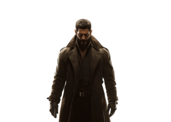 Futuristic cyberpunk character wearing a dark trench coat, tactical gear, and weapons, mysterious hero design for video games, movies, or sci-fi art isolated on transparent background