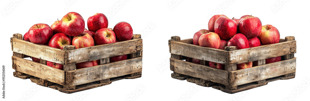 Poster two wooden crates filled with red apples. one crate is positioned with the front edge closest to the