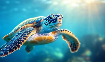 Fototapeta premium Sea turtle swimming in vibrant blue water. Underwater, marine, wildlife, reptile, sea life, ocean, 