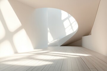 Minimalist white interior with curved staircase and sunlight. (1)