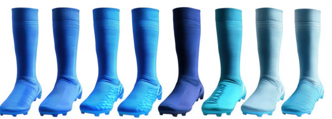 eight pairs of soccer cleats in various shades of blue the cleats are all the same style. but each pair is a different shade of blue they are arranged in a row across a transparent background