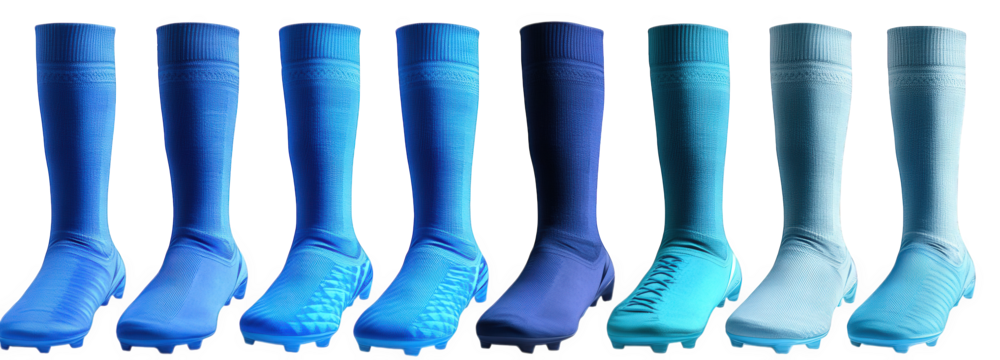 eight pairs of soccer cleats in various shades of blue the cleats are all the same style. but each pair is a different shade of blue they are arranged in a row across a transparent background