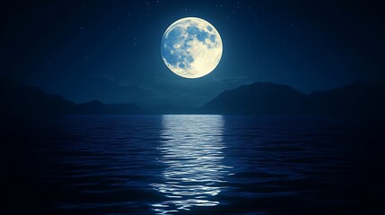 Majestic Full Moon Over Dark Mountains and Calm Sea