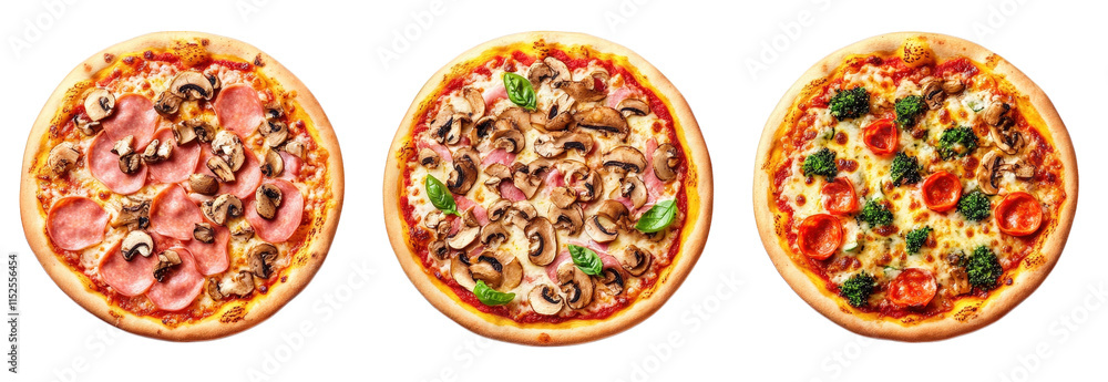 Poster three delicious pizzas with different toppings mushroom and ham. mushroom and basil. and broccoli an