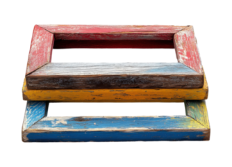 Rustic vintage wooden steps with colorful red, yellow, and blue painted boards, antique decor piece for retro interior design isolated on transparent background