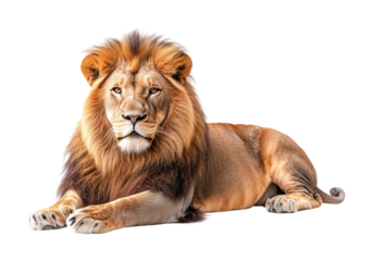 Majestic lion lying down, wild animal with thick golden mane, strong body, and piercing gaze, king of the jungle pose isolated on transparent background