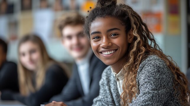 Happy junior students sitting around table with their tutor discussing their recent achievements in a bright classroom filled with educational posters and tools