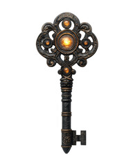 Obraz premium Ornate glowing key with intricate carvings, illuminated orange core, antique mystical artifact design with detailed metal engravings and rustic finish isolated on transparent background