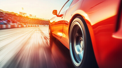 Red sports car racing at high speed on a drag strip, showcasing the thrill of competition and the pursuit of performance excellence