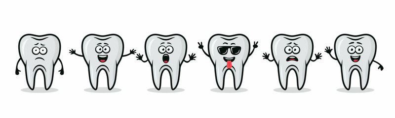Adorable Tooth Characters Showing Different Emotions. Flat Vector Tooth Illustration - Happy, Excited, Sad, Scared Expressions. Cute Tooth Design Templates for Dental Logos, Marketing, Dental Branding