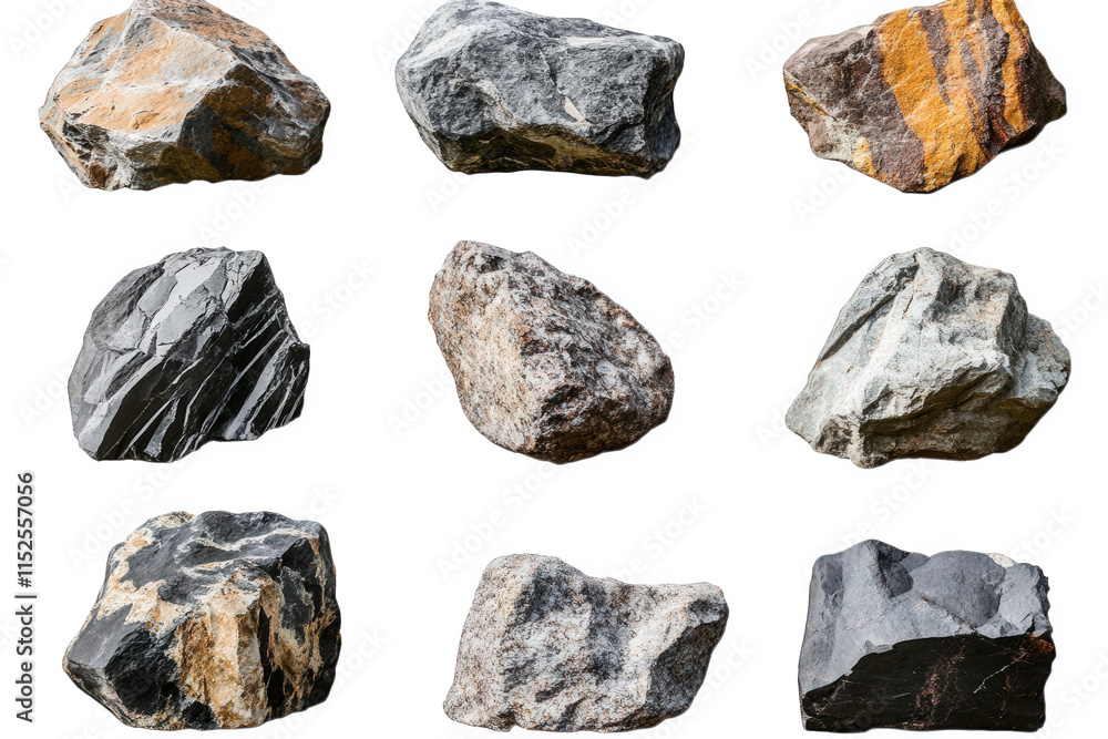 Aufkleber nine different types of rocks isolated on transparent background