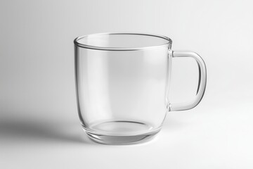 Empty transparent glass coffee mug standing on white background