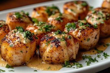Roasted scallops with creamy sauce, garnished with fresh herbs.