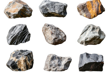 nine different types of rocks isolated on transparent background