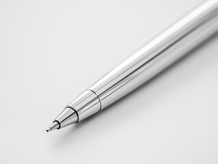 Shiny silver pen lying diagonally on white background