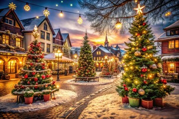 Retro Christmas decor adorns a quaint town square, bathed in festive holiday lights, creating a heartwarming winter scene.