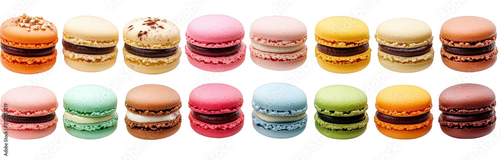Aufkleber a row of eighteen colorful macarons. each with a unique filling and topping. arranged on a transpare