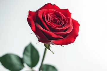 Single red rose blooming with perfect stem on white background