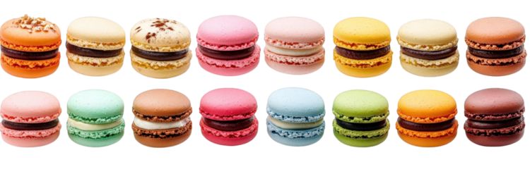 a row of eighteen colorful macarons. each with a unique filling and topping. arranged on a transparent background