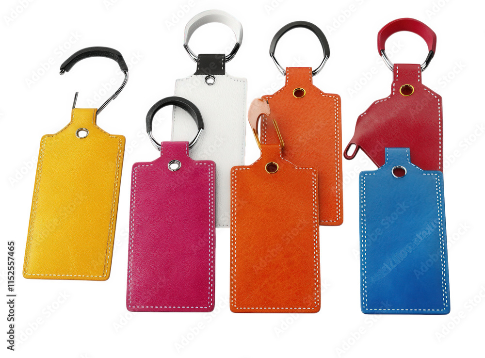Poster a set of six colorful leather keychains with metal rings. arranged in a semi-circle on a transparent