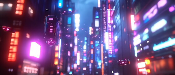 Obraz premium Futuristic city street at night with flying vehicles.
