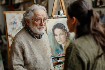 Senior painter showing portrait to young woman in art studio