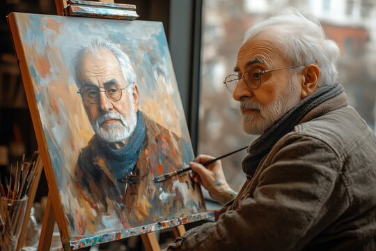 Elderly painter working on self-portrait in art studio