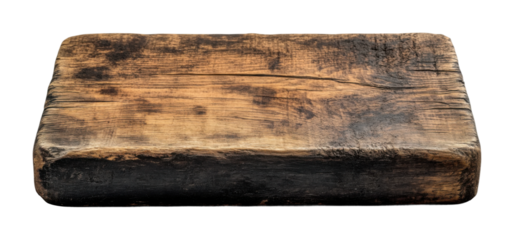 Old rustic wooden chopping block with dark texture, vintage cutting board, weathered kitchen surface, aged wood, and farmhouse culinary decor isolated on transparent background