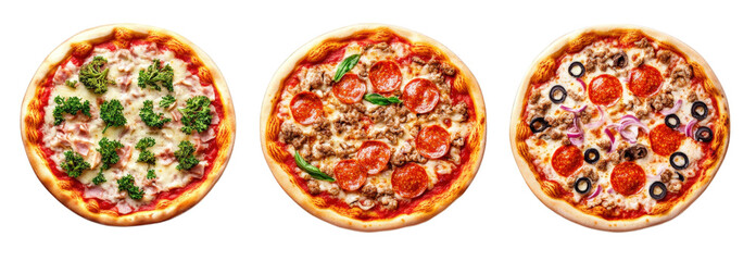 three delicious pizzas with different toppings broccoli and cheese. pepperoni and meat. and pepperoni. olives and onions