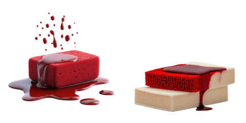 A vibrant red sponge with liquid pooling around it, contrasted against a beige sponge also oozing red substance.