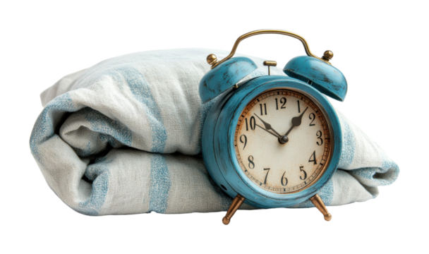 Retro blue alarm clock resting on a soft striped towel, evoking a classic rustic charm in a cozy setting. Isolated on transparent background, png.