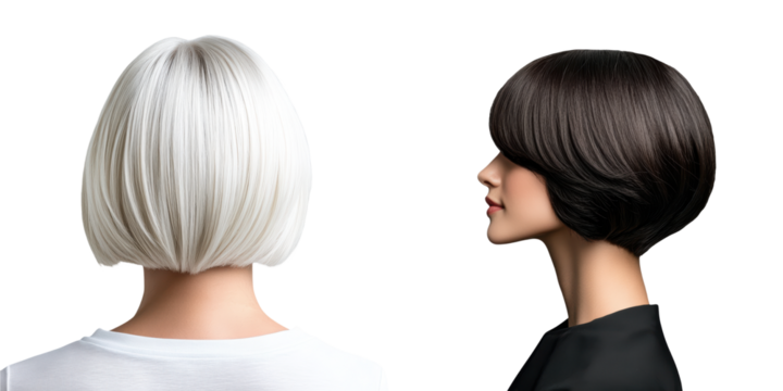 Two stylish bob hairstyles showcased from the back, featuring a sleek white and a smooth dark look, emphasizing modern hair design.
