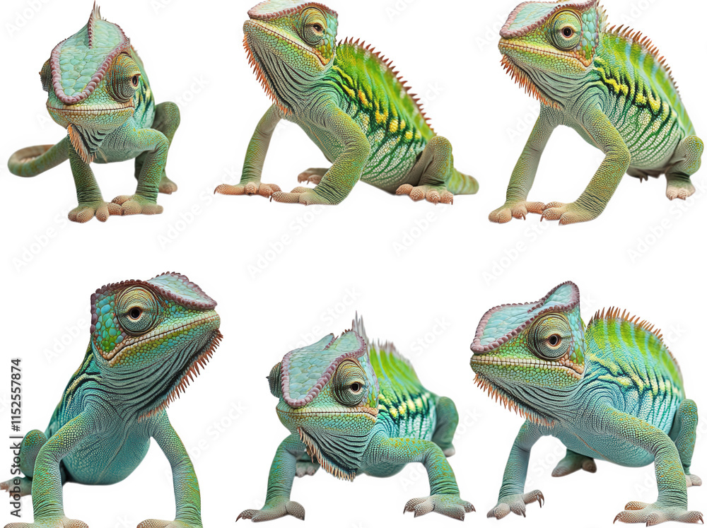 Poster six of a green and blue chameleon with a transparent background showing the chameleon in different p