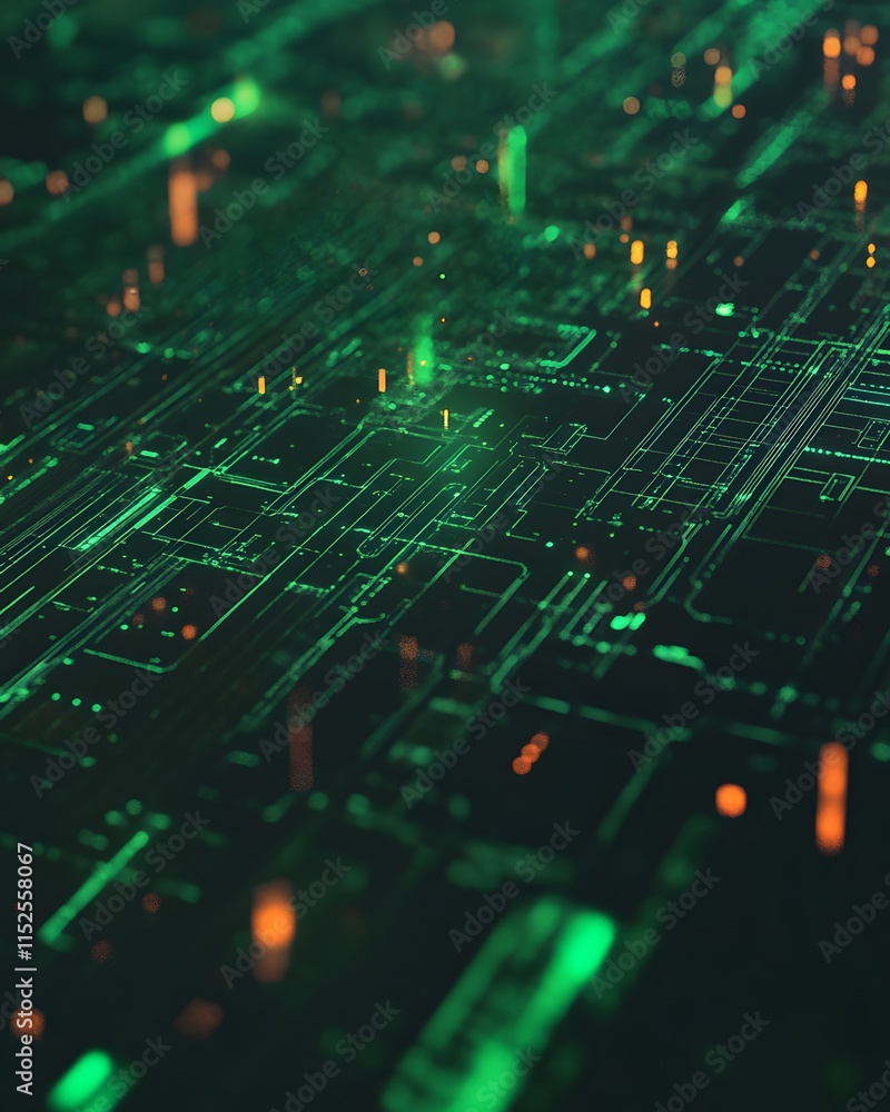 Aufkleber abstract digital circuitry pattern with green lines and orange dots