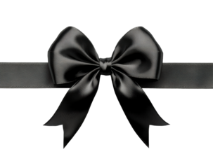 Elegant black ribbon bow with a shiny finish and detailed loops, classic decorative accessory for gift wrapping or design projects isolated on transparent background