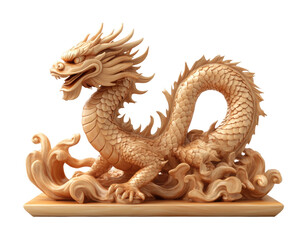 Chinese dragon statue carved from wood, designed for decorative display in homes or cultural settings. Isolated on transparent background, png.