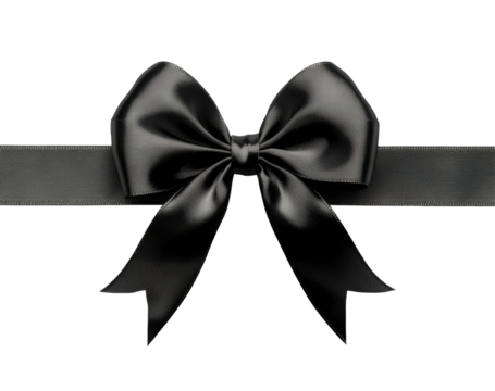 Elegant black ribbon bow with a shiny finish and detailed loops, classic decorative accessory for gift wrapping or design projects isolated on transparent background