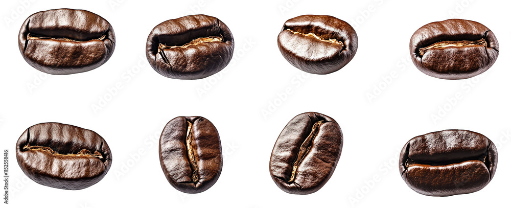 Poster seven roasted coffee beans isolated on a transparent background the beans are in different orientati