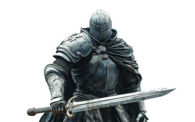 Warrior stands fiercely with sword raised in a confident pose strength and valor. Isolated on transparent background, png.