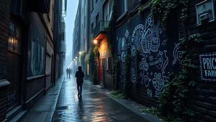 Obraz premium rainy night in the city streets and alleys. elaborate murals on brick and block walls lining the alley ways and cobblestone streets. Moody, gritty and spooky.