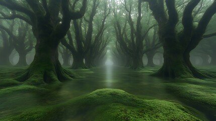 Obraz premium Moss Covered Trees Line A Misty Forest Path