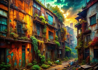 Fototapeta premium Rich textures and imaginative backgrounds define this generative AI art depicting abstract urban exploration.
