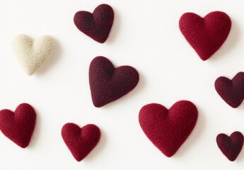Fototapeta premium Lovely Red and Beige Felt Hearts on White Background Valentine's Day