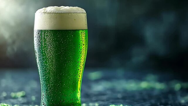 A glass of cold, fresh green beer on a dark background.
