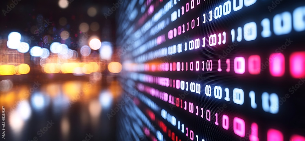 Poster glowing binary code against a blurred city backdrop.