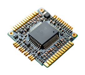 Modern electronic microchip with gold pins and compact design, essential technology component for computers, gadgets, and circuit boards isolated on transparent background